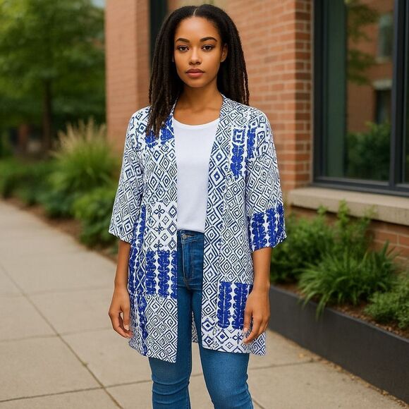 White Blue Geometric Kimono Coverup OS - Picture 11 of 11